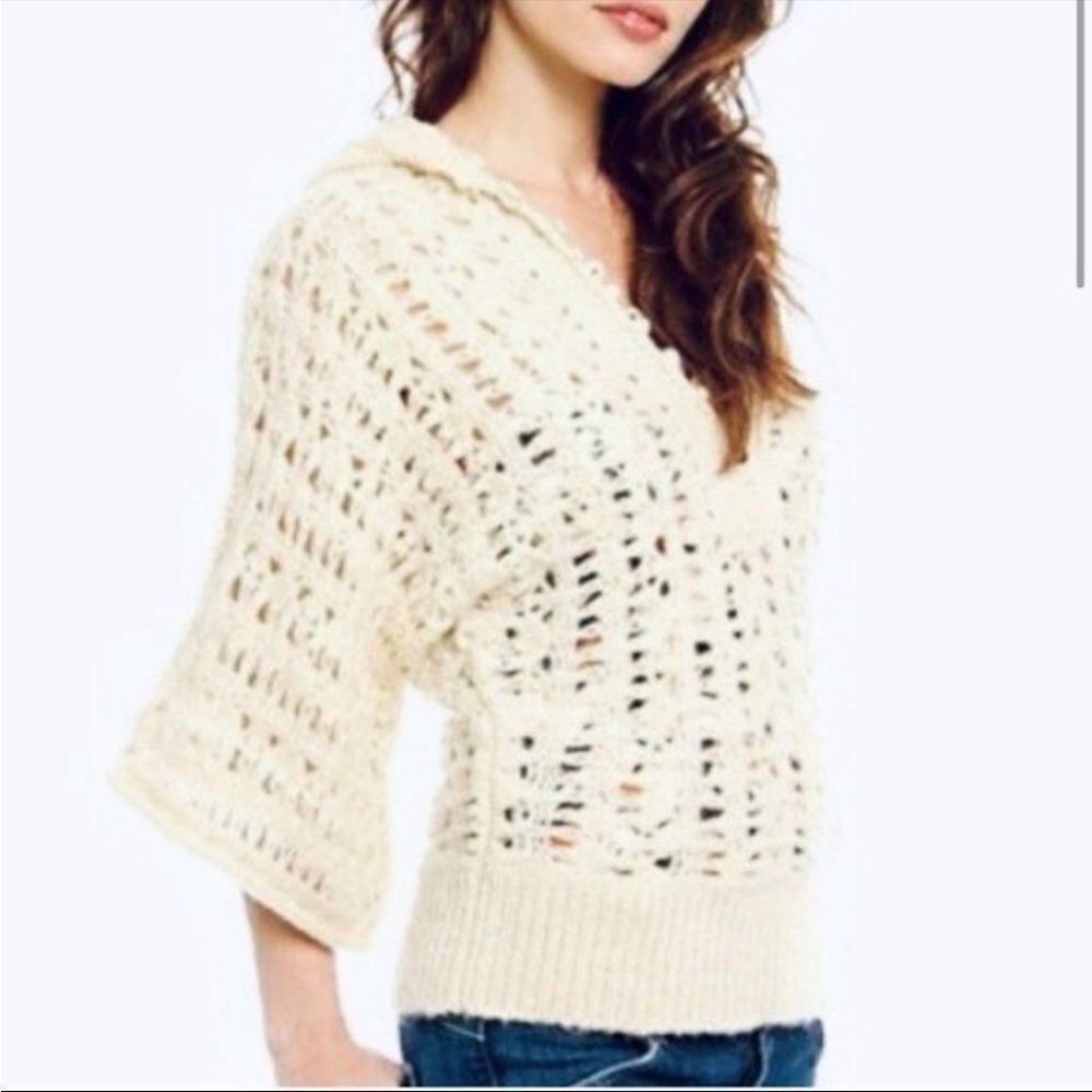 Free People Cream Colored Knit Sheer Button Closure Hooded Sweater Bohemian